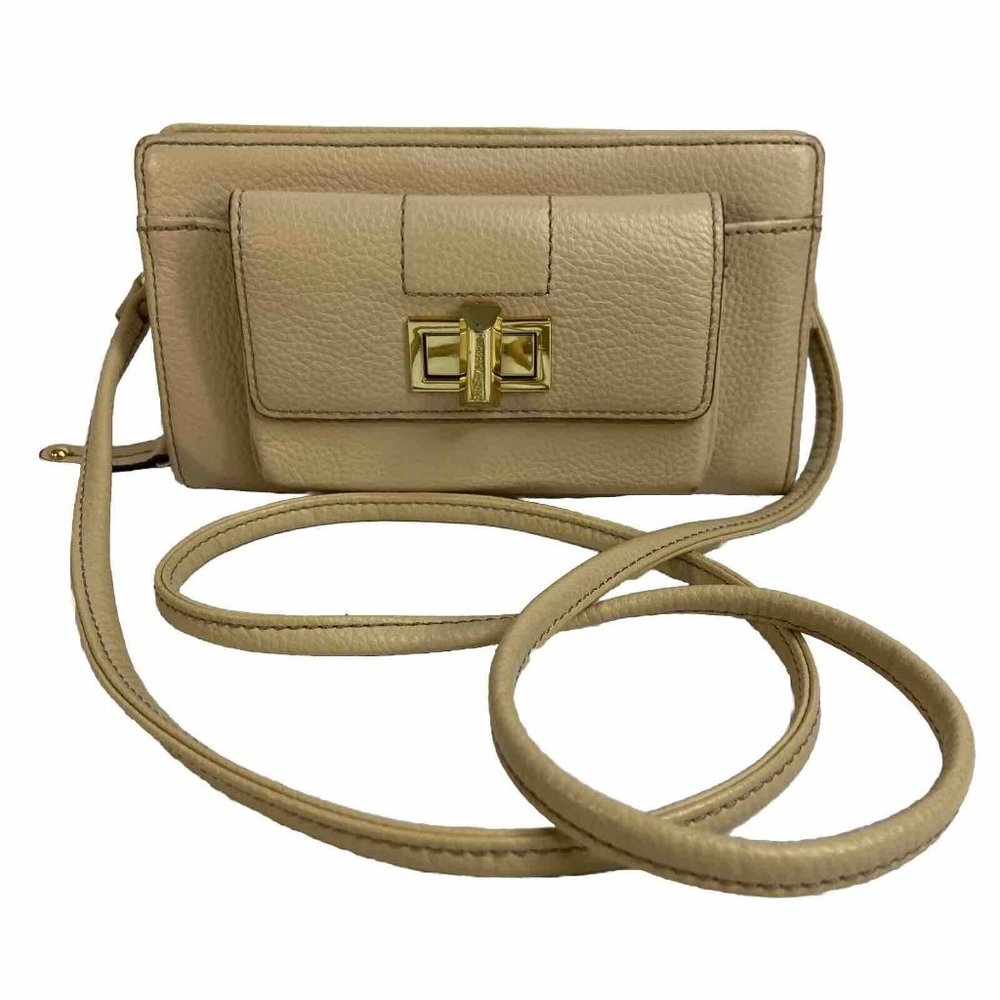Tignanello Small Crossbody Clutch Wallet Card Organizer Leather Sand Beige Gold